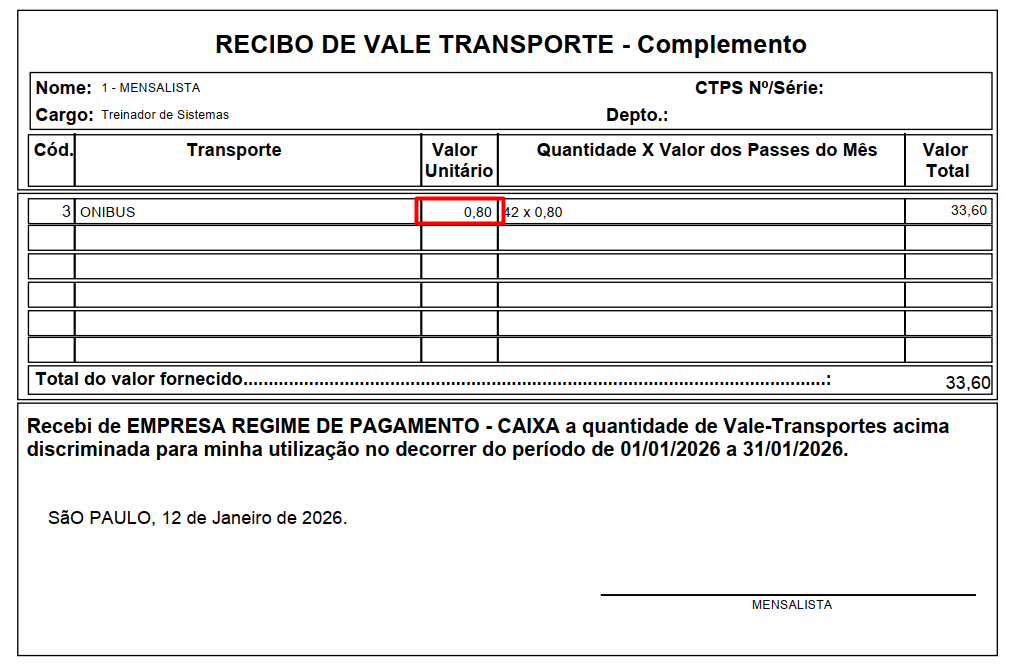 Modelo de recibo de vale-transporte complemento, detalhando o valor unitário de 0,80 e o valor total de 33,60 para o empregado.