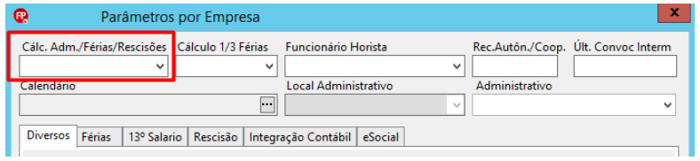 Interface de software "Parâmetros por Empresa" com campos de configuração trabalhista e um destaque em vermelho na opção "Cálc. Adm./Férias/Rescisões".