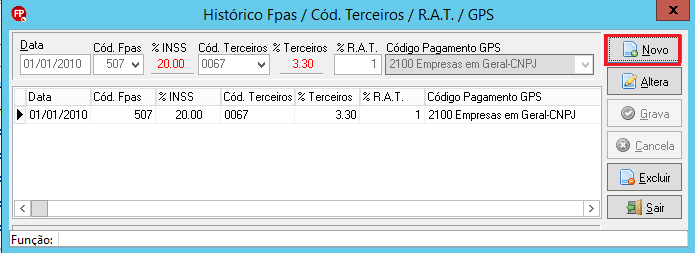 Janela "Histórico Fpas / Cód. Terceiros" com o botão "Novo" destacado em vermelho e uma linha registrada com data de 2010.