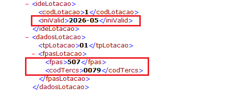 Trecho de código XML do eSocial destacando as tags de validade inicial (2026-05), FPAS (507) e código de terceiros (0079).