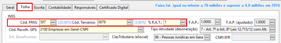 Aba Folha em sistema de folha de pagamento, com destaque vermelho para os campos Cód. FPAS (507) e Cód. Terceiros (0079).