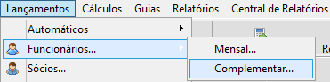 Menu superior do sistema Contmatic com as opções Lançamentos, Funcionários e a subopção Complementar selecionada.