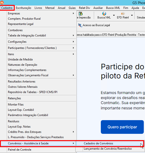 Menu do software G5 com as opções "Cadastro", "Convênios - Assistência à Saúde" e "Cadastro de Convênios" destacadas em vermelho.