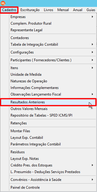 Menu suspenso "Cadastro" no sistema G5, com a opção "Resultados Anteriores" selecionada em destaque vermelho.