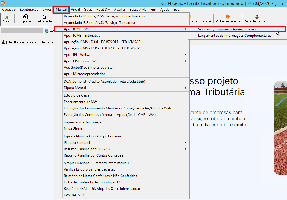Menu "Mensal" aberto no G5, com o cursor sobre "Apur. ICMS - Web..." e a opção "Visualizar / Imprimir a Apuração Icms" destacada.