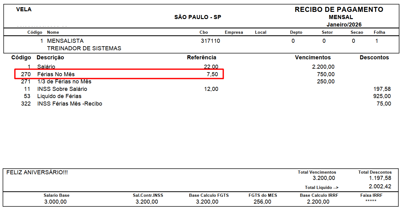 Recibo de pagamento mensal destacando em um retângulo vermelho a linha "Férias No Mês", com referência 7,50 e vencimento de 750,00 reais.
