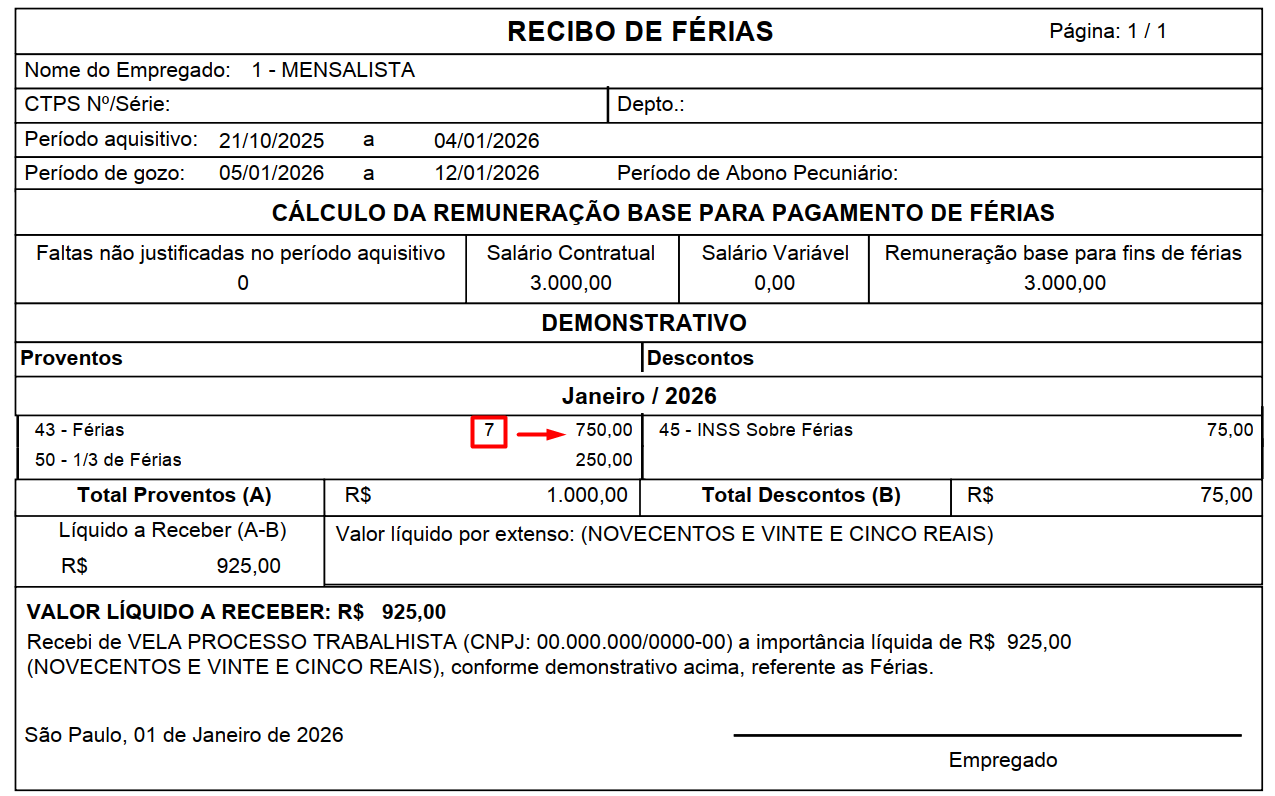 Documento de Recibo de Férias com destaque em vermelho no número 7 e uma seta apontando para o valor de provento de 750,00 reais.