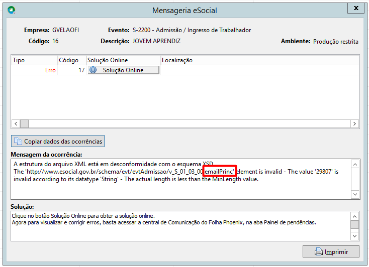 Tela da Mensageria eSocial exibindo Erro 17 no evento S-2200. Um destaque vermelho aponta erro no elemento 'emailPrinc' do XML.