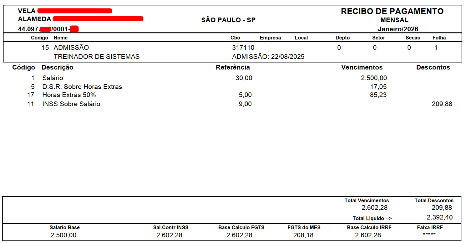 Modelo de recibo de pagamento mensal de janeiro de 2026, com salário base de 2.500,00 e total líquido de 2.392,40 reais.