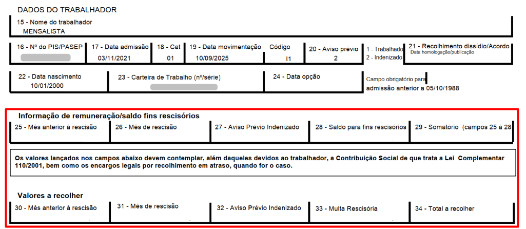 Formulário de GRRF com dados do trabalhador preenchidos e campos de remuneração e valores a recolher em branco dentro de um destaque vermelho.