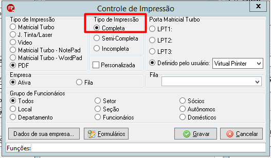 Janela "Controle de Impressão" do software, com a opção "Completa" selecionada em destaque vermelho sob a seção "Tipo de Impressão".