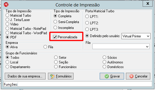 Janela "Controle de Impressão" de um software de folha de pagamento, com a opção "Personalizada" selecionada dentro de um destaque vermelho.
