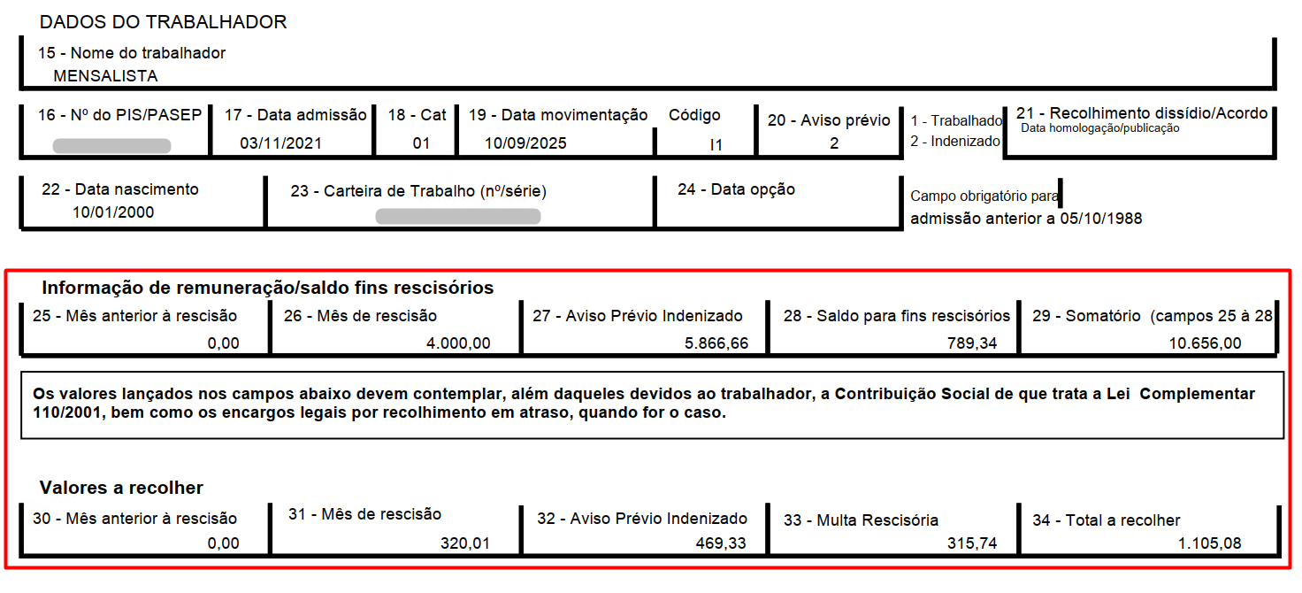Formulário de GRRF com dados do trabalhador e todos os campos de valores rescisórios e valores a recolher preenchidos em destaque vermelho.