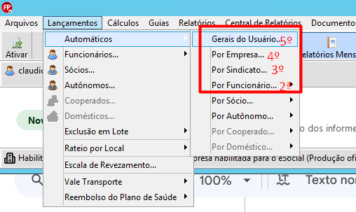 Menu "Automáticos" detalhando em ordem numérica vermelha as opções de "Por Funcionário... 2º" até "Gerais do Usuário... 5º".