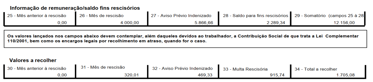 Seção recortada da guia com foco exclusivo nos campos de informação de remuneração/saldo e valores a recolher do FGTS.
