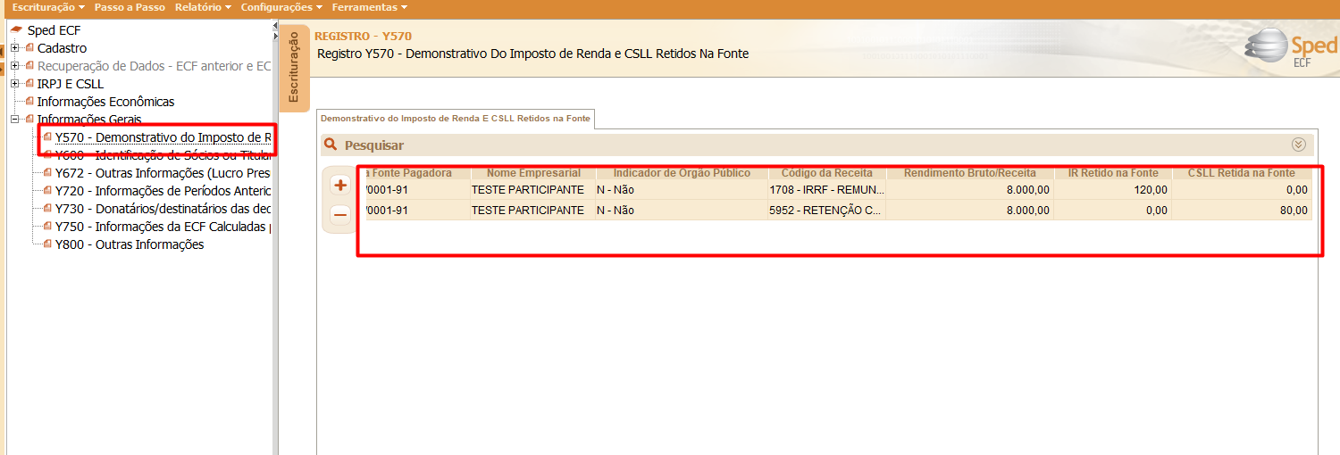 Tela de exportação da ECF no JR 