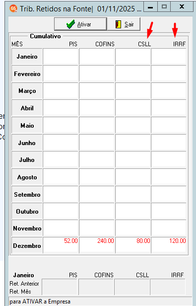 Tela de consulta de tributos retidos na fonte