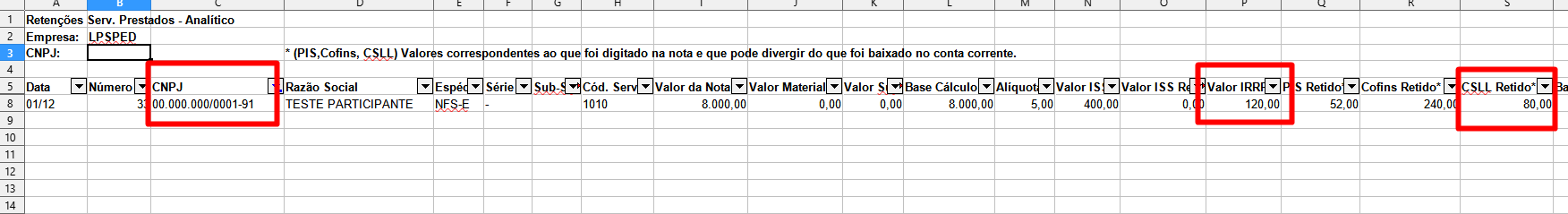 Tela de geração de relatório de retenções em formato XLSX