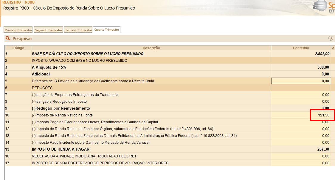 Visualização do registro P300 no SPED ECF