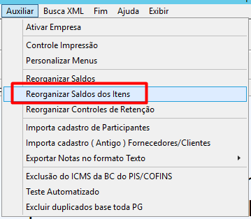 Caminho do menu Auxiliar Reorganizar saldos de itens