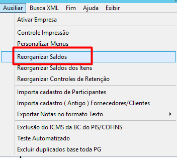 Caminho do menu Auxiliar Reorganizar saldos de itens novamente