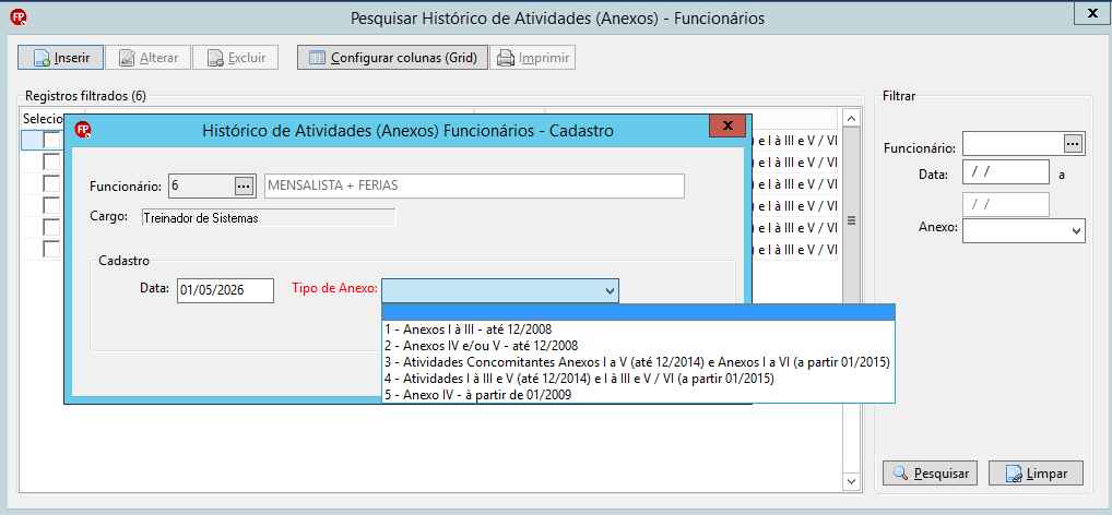 Tela de inserção do histórico de atividades de anexos do funcionário