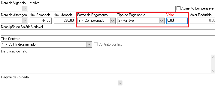 Tela de Histórico de Salário para Comissionado Puro