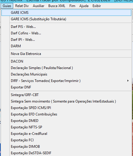 Menu de geração da GARE de ICMS no G5