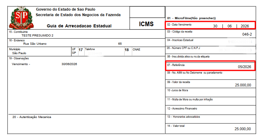 Visualização da guia GARE de ICMS gerada com vencimento correto