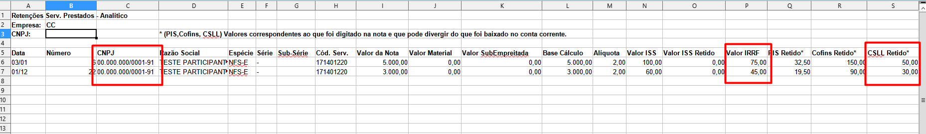 Relatório de Retenções de Notas em XLSX