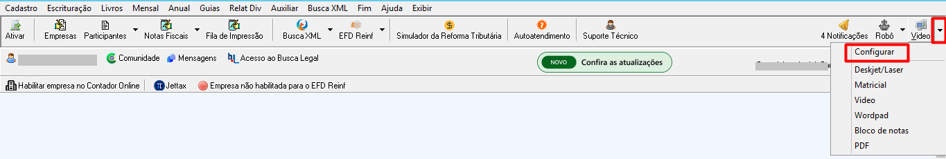 Menu superior do sistema G5 Phoenix com o botão "Configurar" destacado em um menu suspenso na barra de ferramentas.