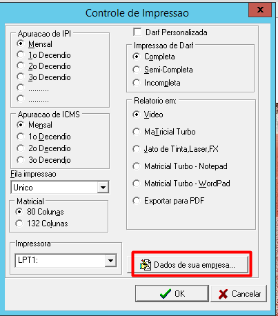 Tela "Controle de Impressão" do sistema, destacando o botão "Dados de sua empresa..." no canto inferior direito.