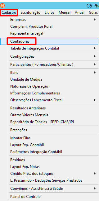 Menu "Cadastro" do G5 Phoenix aberto, destacando o acesso à opção "Contadores".