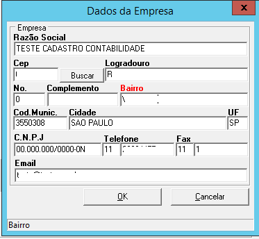 Janela "Dados da Empresa" exibindo o cadastro de um teste, com o campo CNPJ preenchido incorretamente como "00.000.000/0000-0N".