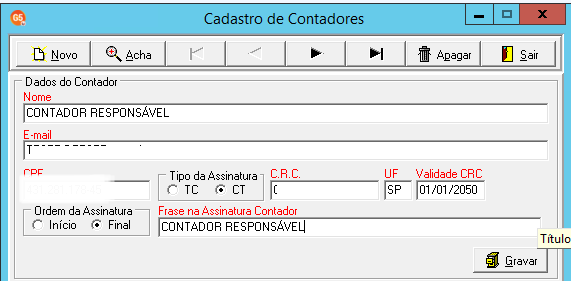 Tela de Cadastro de Contadores mostrando os campos de nome, e-mail, CPF, CRC e tipo de assinatura do profissional.