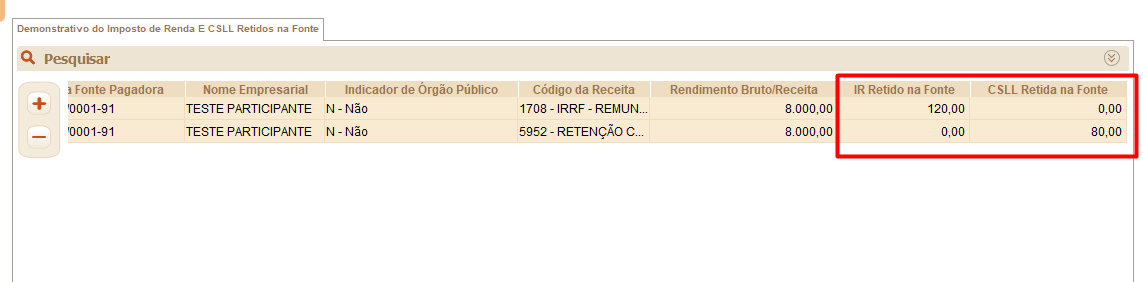 Detalhe do validador da ECF focando nos valores do Registro Y570, destacando 120,00 para IR Retido e 80,00 para CSLL Retida.
