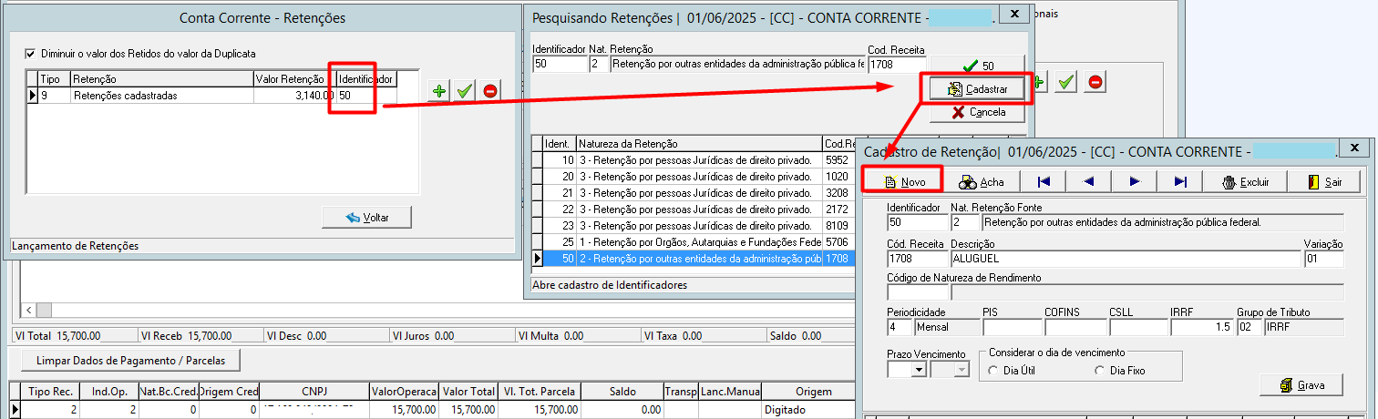 Fluxo de telas para o "Cadastro de Retenção", vinculando o Identificador 50 ao código de receita 1708 para rendimentos de aluguel.