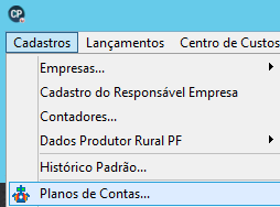 Menu suspenso de "Cadastros" do sistema CP, com a opção "Planos de Contas..." selecionada na parte inferior.