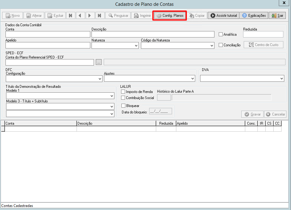 Tela vazia de Cadastro de Plano de Contas com o botão "Config. Planos" destacado por um retângulo vermelho no topo.