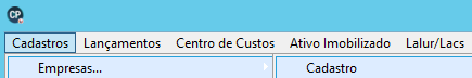 Barra de menu superior do sistema CP exibindo as opções Cadastros, Lançamentos, Centro de Custos e submenus.