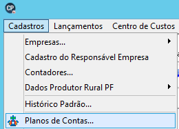 Menu Cadastros em software contábil, com a opção Planos de Contas selecionada em destaque azul.