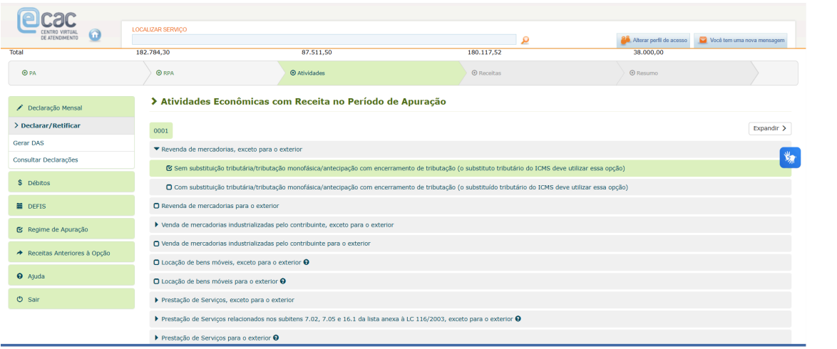 Tela do sistema e-CAC na seção "Atividades Econômicas com Receita no Período de Apuração", mostrando opções de revenda.