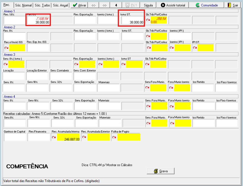 Interface de software de contabilidade mostrando o preenchimento de campos do Anexo 1 e destaque para ICMS ST.