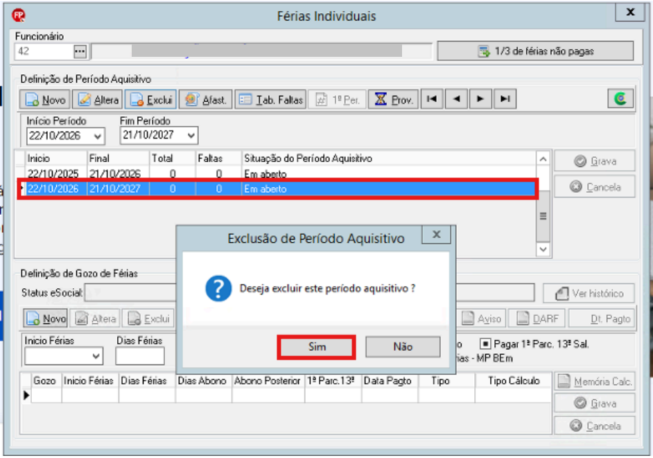 Tela de confirmação para exclusão do período aquisitivo selecionado de 22/10/2026 a 21/10/2027.