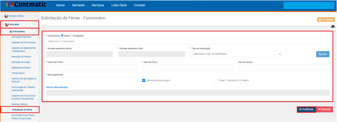 Formulário de Solicitação de Férias do Funcionário no portal Contmatic Contador Online.