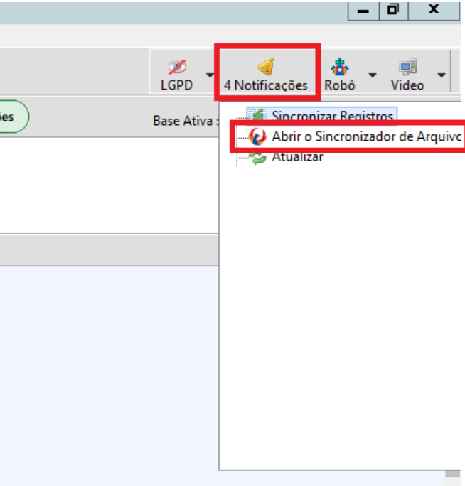 Menu de Notificações com a opção "Abrir o Sincronizador de Arquivos" selecionada.