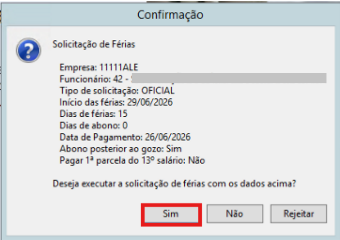 Tela de confirmação dos dados da solicitação de férias para o funcionário 42.