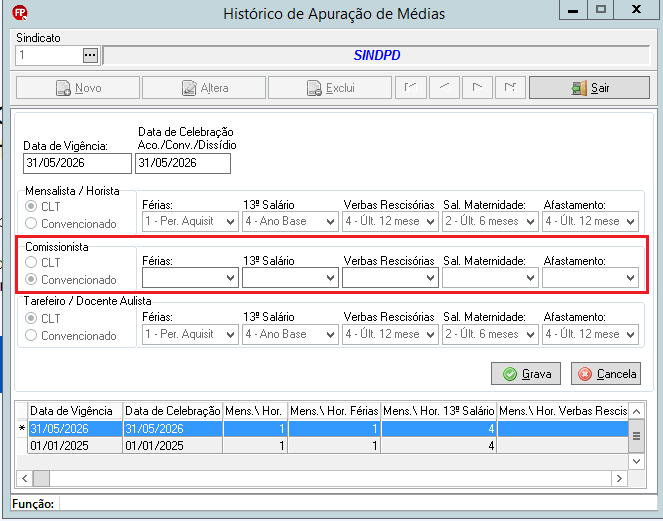 Tela de Histórico de Apuração de Médias, destacando opções de configuração para trabalhadores comissionistas (CLT ou Convencionado).