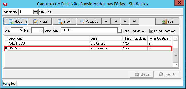 Tela de Cadastro de Dias Não Considerados nas Férias, mostrando o Natal (25/Dezembro) configurado apenas para Férias Coletivas.