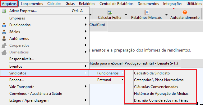 Menu do sistema destacando o caminho: Arquivos > Sindicatos > Funcionários, com opções como Cadastro de Sindicato e Cláusulas Convencionadas.